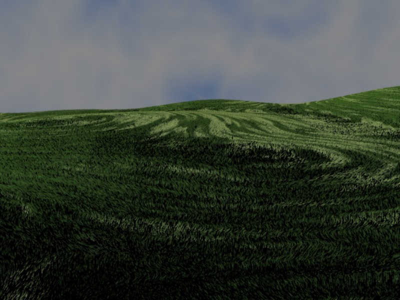 A view of grass on some small hills, created and rendered with Blender.
